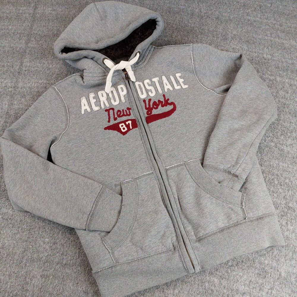 VTG Aeropostale Faux Fur Lined Full Zip Hoodie Women's S Gray Y2K New York 87